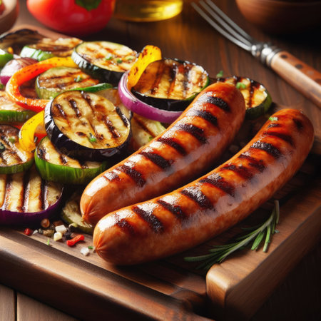 Grilled sausages and other vegetables on a wooden tray.の素材
