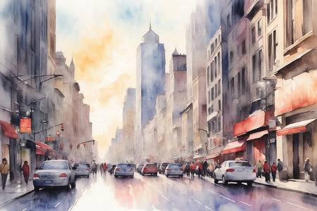 City street of modern metropolis painted with watercolor paints.の素材