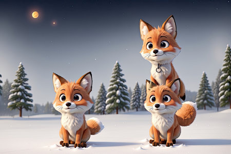 Three cartoon foxes on the background of winter forest.の素材
