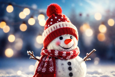 Beautiful snowman on a blurred background.の素材