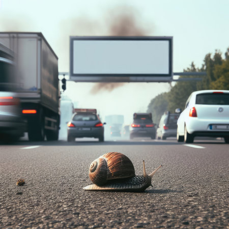 A snail crawling over an asphalt road with a lot of transportの素材