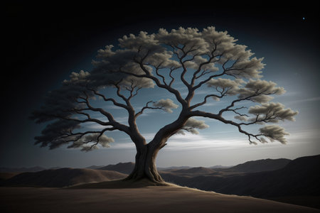 A lonely tree against the background of mountains and evening skyの素材