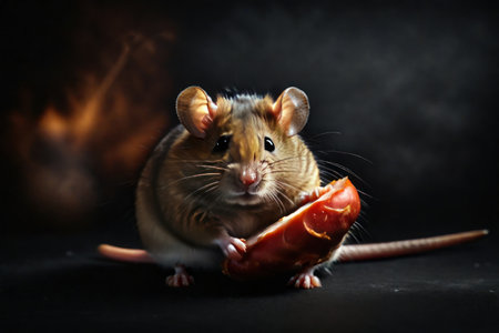Mouse with food on a dark backgroundの素材