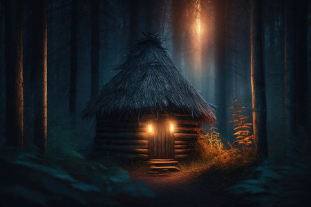 A small hut in a dark, dense forestの素材