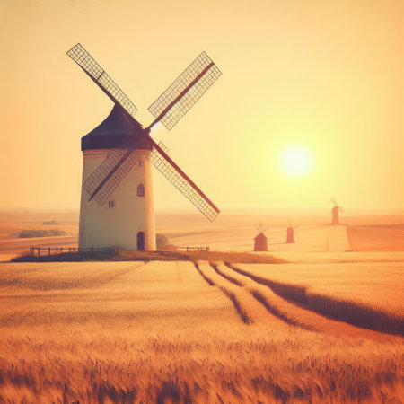Windmills in a field against a sunset background.の素材