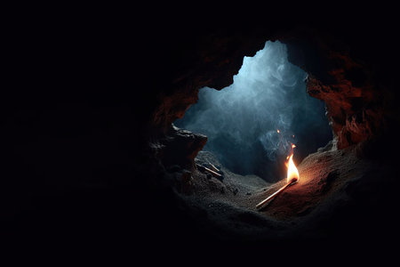A burning match inside the cave. A place for text.の素材