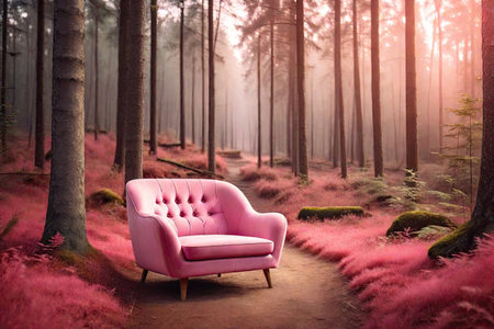 A pink chair standing against a forest backdrop.の素材