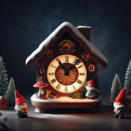 Fairy-tale, little gnomes standing by a wooden clock.の素材