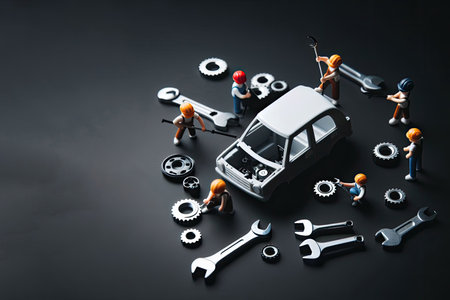Small workers repairing a car against a dark background.の素材