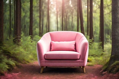 A pink chair standing against a blurred forest background.の素材