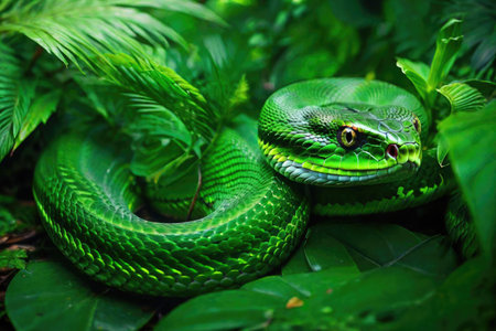 A close-up of a green snake among the greenery.の素材