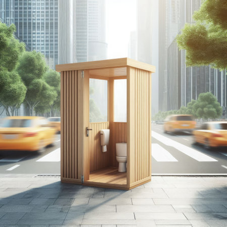 A wooden toilet stall against the backdrop of a modern cityの素材