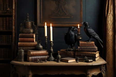 Crows sitting amongst antique books, candles and other things.の素材