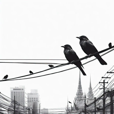 Birds sitting on wires in the city, on white background.の素材