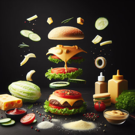 Disassembled hamburger on a dark backgroundの素材