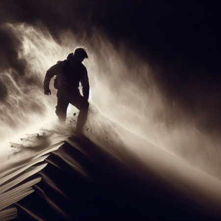 A man walking through a storm in the desertの素材