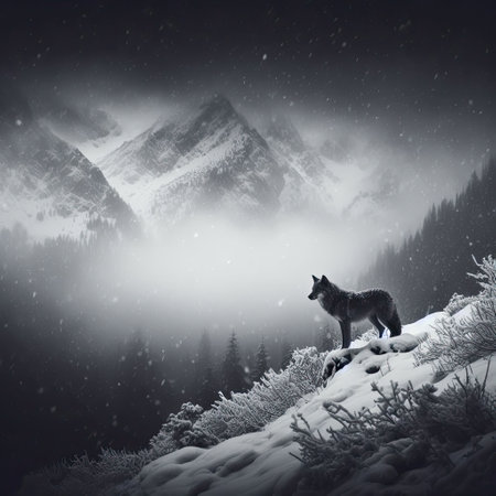 A lone wolf in the mountains. Space for textの素材