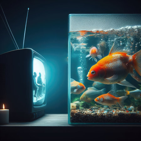 The fish in the aquarium are looking at a working TVの素材