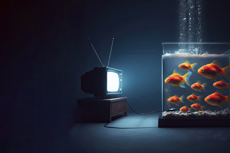 The fish in the aquarium stare passionately at the working TV.の素材