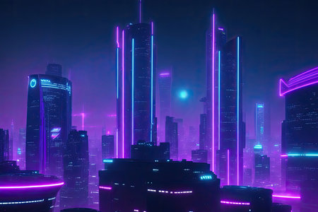 The city's skyscrapers in neon colorの素材