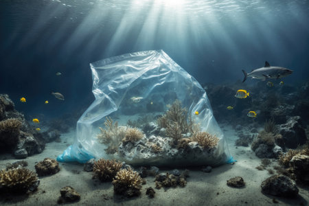 Plastic bag with corals on the seabedの素材