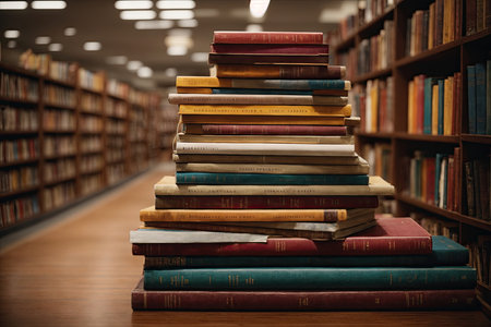 A stack of books lying against a background of booksshelves.の素材