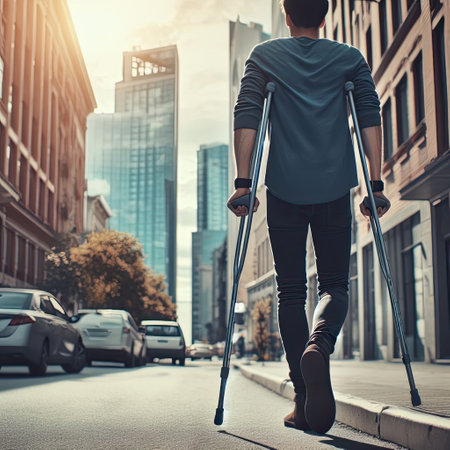 A man on crutches is walking down a city street.の素材