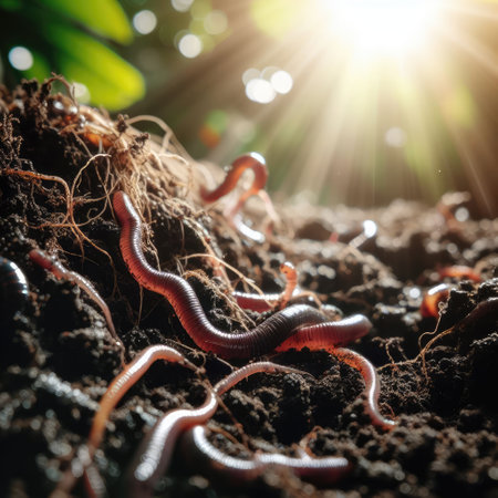 Earthworms crawling in the ground in the sunlightの素材