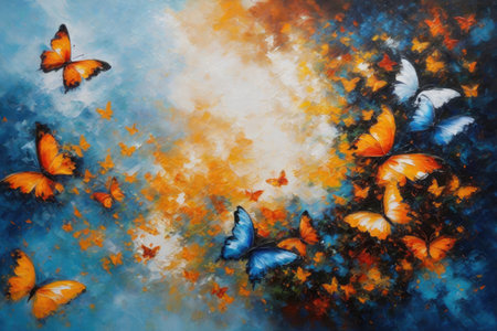 Lots of flying butterflies drawn with paintsの素材