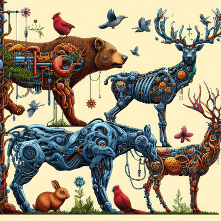 Mechanical wild animals on light colored background. Abstractionの素材