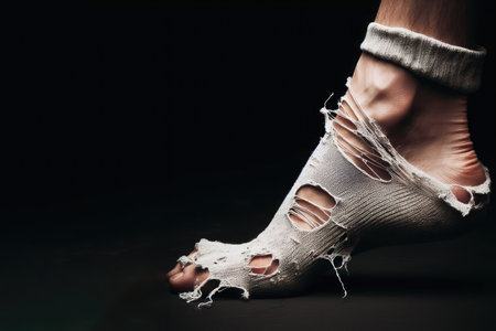 Torn sock on the foot. Place for text.の素材