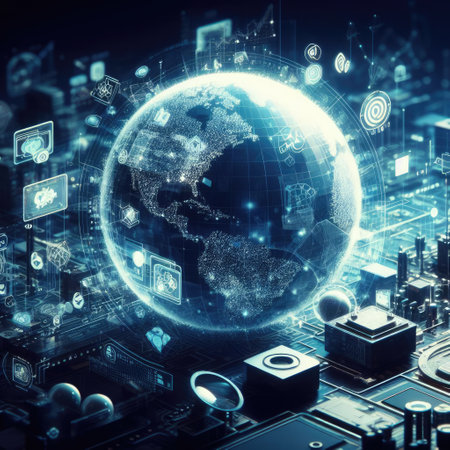 A planet surrounded by an information data networkの素材