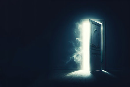 An open mysterious door with light coming out of it. Space for text.の素材