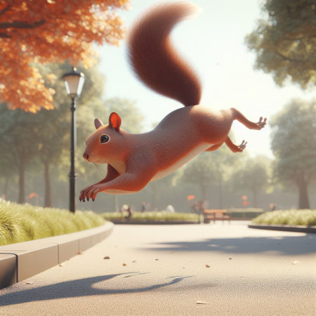 A jumping squirrel against the background of a city park.の素材