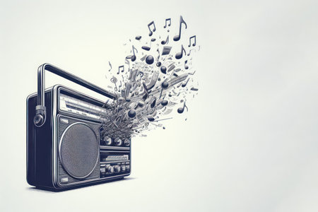 Musical notes and information coming out of the radio speaker. Place for textの素材