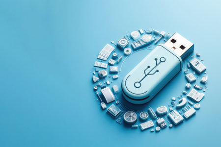 Illustration abstract of flash drive on blue background. Place for textの素材