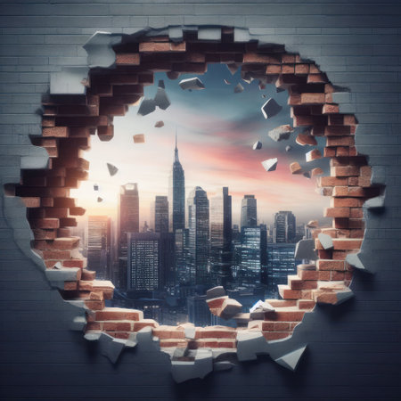 A view of the modern city through a hole in the wallの素材