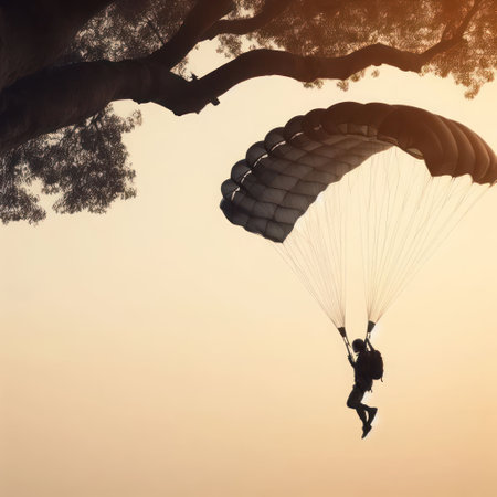 Flying parachutist on a light backgroundの素材