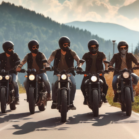 A group of men ride motorcycles on the roadの素材