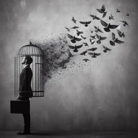 A man with a diplomat in a cage and birds flying awayの素材