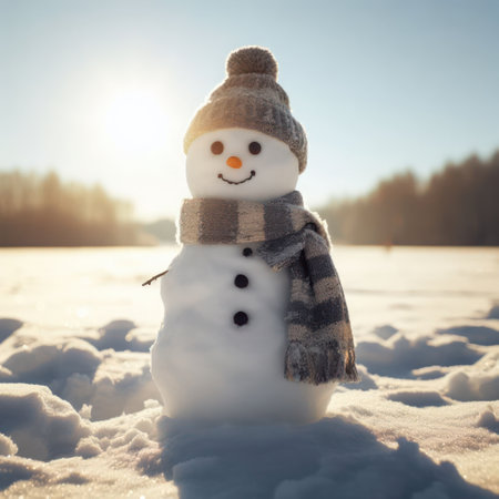 Snowman in a field illuminated by sunlightの素材