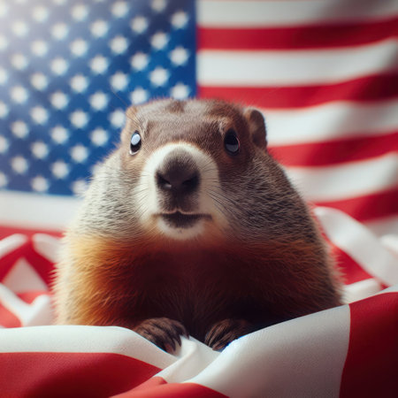 A groundhog looks out in front of him against the backdrop of the American flag.の素材