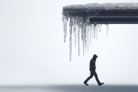 A man in a hood walking under icicles. Place for text.の素材