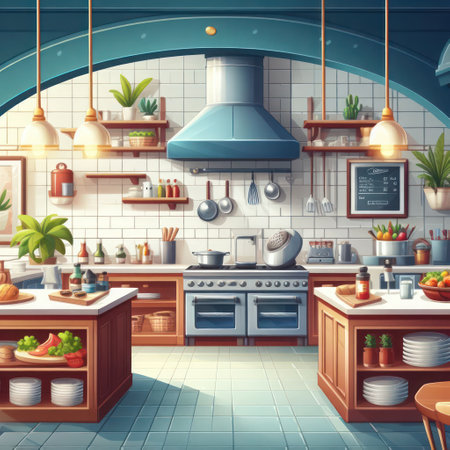 Illustration of a large, comfortable kitchen.の素材