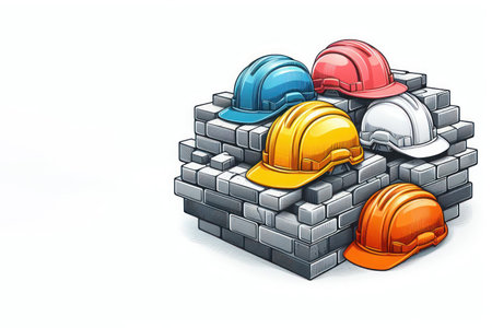 Construction helmets lying on a pile of bricks. Space for textの素材