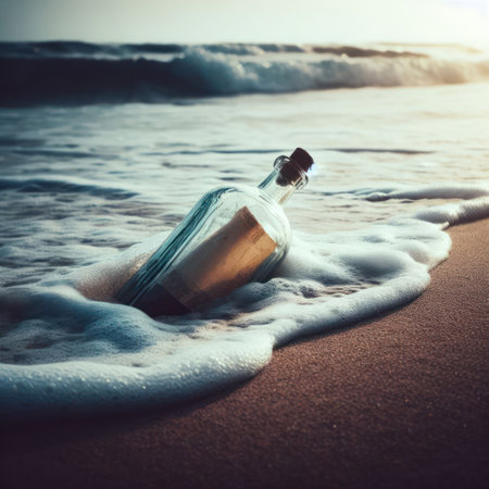 A letter in a bottle lying on the shore is washed by the waves.の素材
