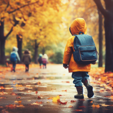 Little kid walking to school in autumn parkの素材