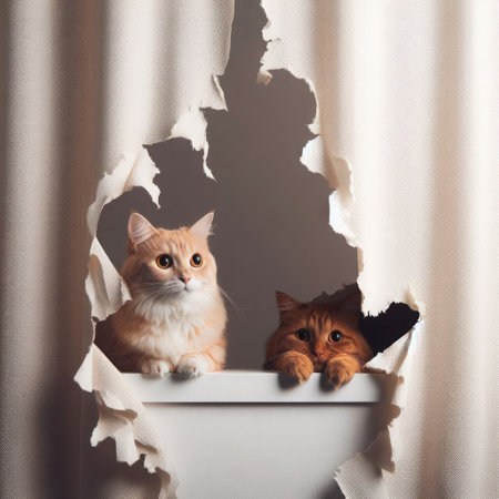 Cats peek out from a torn curtainの素材
