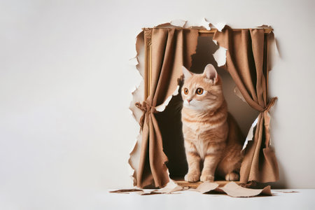 Cat and torn curtain. Place for textの素材