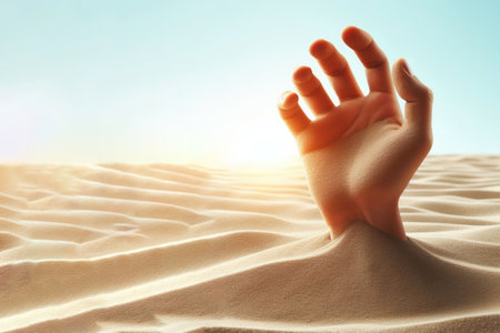 A human hand sticks out of the sand. Place for text.の素材